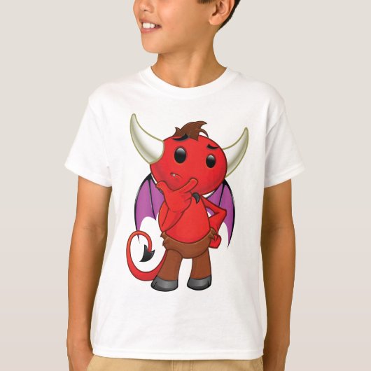 Cute Red Devil Character Thinking Mischievous Tシャツ (正面)