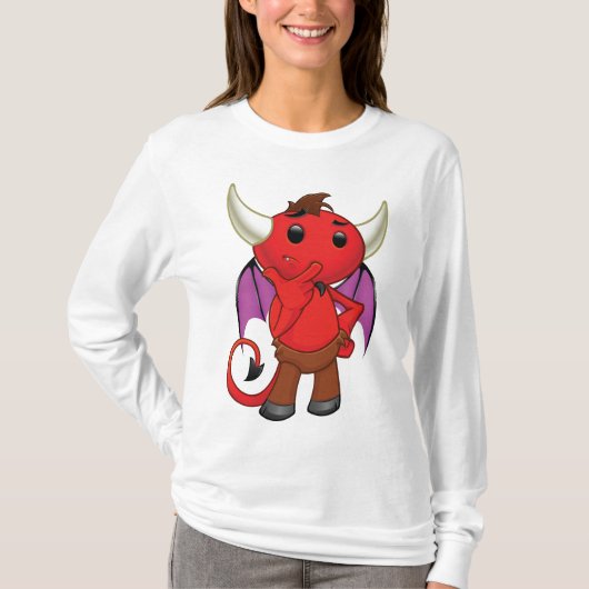 Cute Red Devil Character Thinking Mischievous Tシャツ (正面)