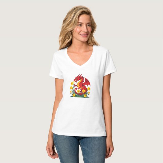 Cute Red Dragon And Daffodils Tシャツ (正面フル)