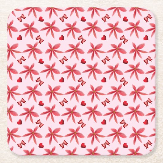Cute Red Floral Heart Pattern Seamless Girly  スクエアペーパーコースター (正面)