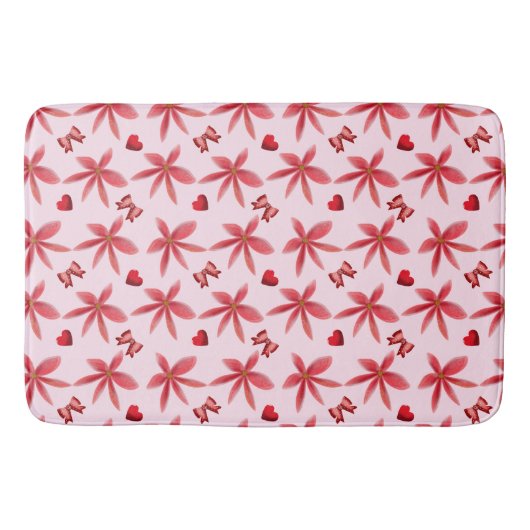 Cute Red Floral Heart Pattern Seamless Girly  バスマット (正面)