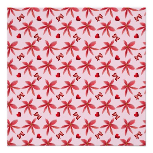 Cute Red Floral Heart Pattern Seamless Girly  ポスター (正面)