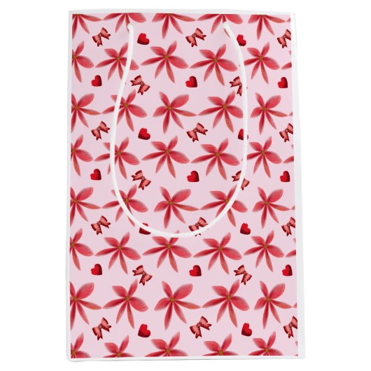 Cute Red Floral Heart Pattern Seamless Girly  ミディアムペーパーバッグ (正面)