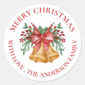 Cute Red Flowers Berries Bell Bow Merry Christmas ラウンドシール (正面)