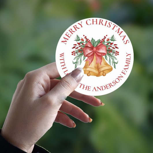 Cute Red Flowers Berries Bell Bow Merry Christmas ラウンドシール