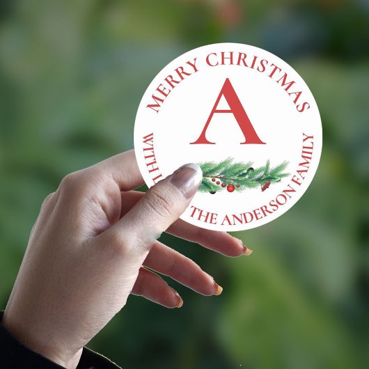 Cute Red Flowers Berries Monogram Merry Christmas ラウンドシール