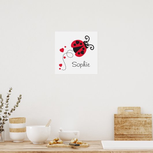 Cute red flying ladybug kids name poster ポスター (キッチン)