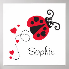 Cute red flying ladybug kids name poster ポスター