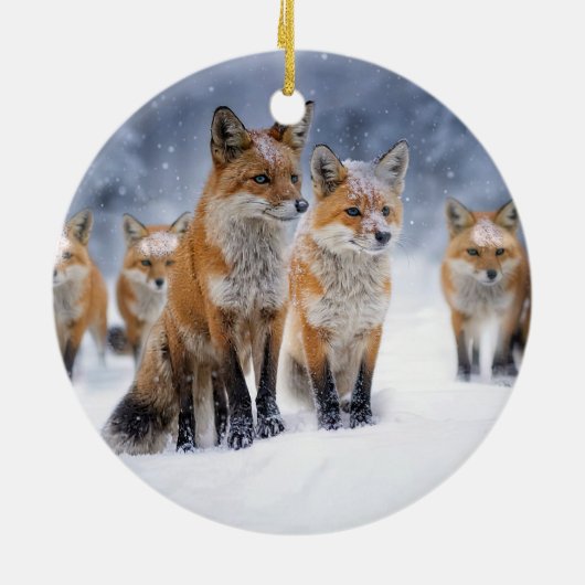 Cute Red Fox Family in the Snow Xmas Holiday セラミックオーナメント (裏面)