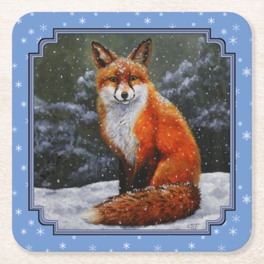 Cute Red Fox in Winter Snow スクエアペーパーコースター (正面)