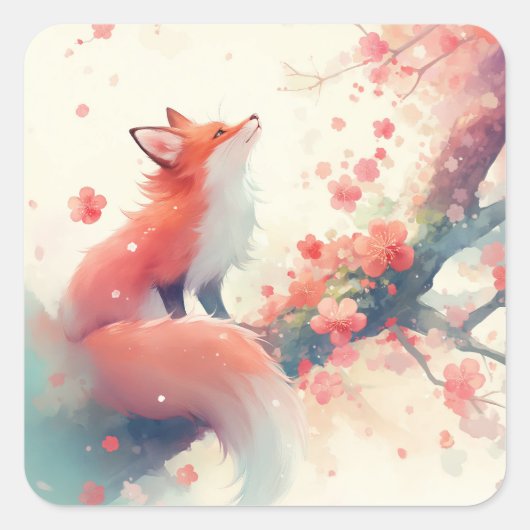 Cute Red Fox Under Pink Cherry Blossom Tree スクエアシール (正面)