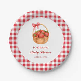 Cute Red Gingham Strawberry Girl Baby Shower ペーパープレート