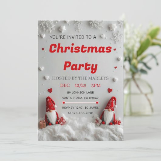 Cute Red Gnome Christmas Party Invitation 招待状 (スタンド正面)