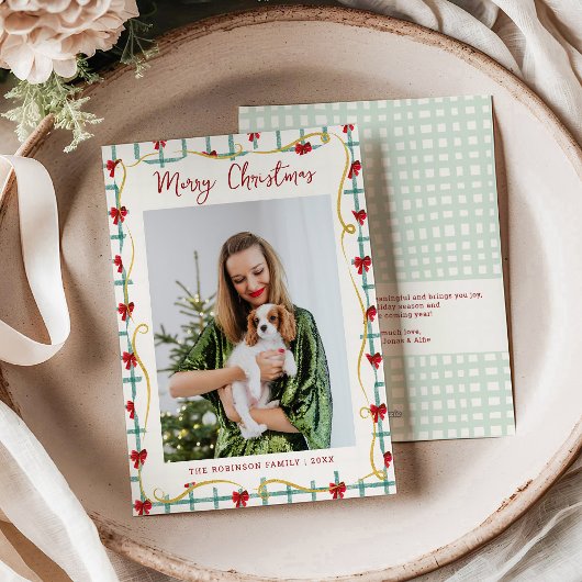 Cute Red Green Bow Pattern Merry Christmas 1 Photo シーズンカード