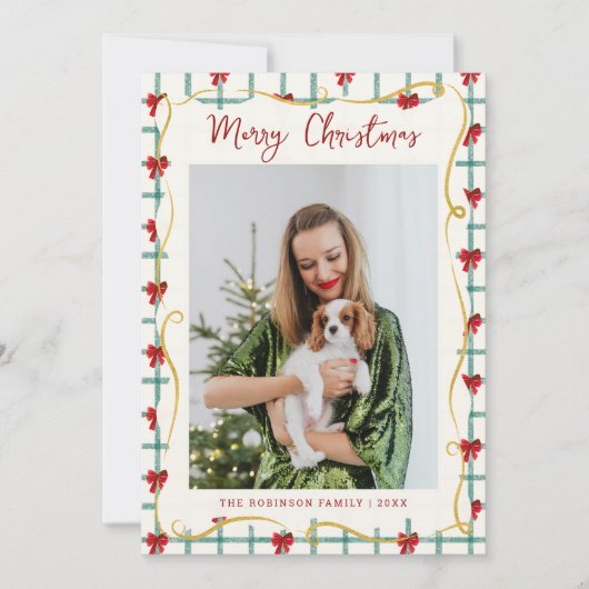 Cute Red Green Bow Pattern Merry Christmas 1 Photo シーズンカード (正面)