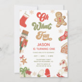Cute Red Green Boys Oh What Fun Birthday 招待状 (正面)