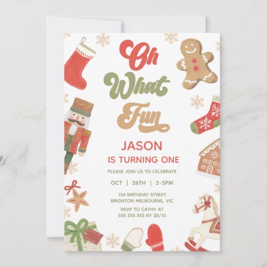 Cute Red Green Boys Oh What Fun Birthday 招待状 (正面)