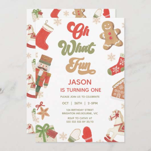 Cute Red Green Boys Oh What Fun Birthday 招待状 (正面/裏面)