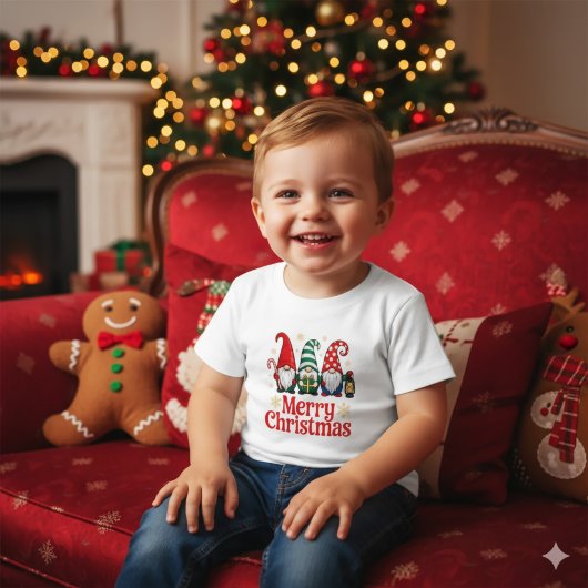 Cute Red Green Whimsical Gnome Merry Christmas ベビーTシャツ