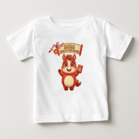 Cute Red Horse 2026 Year Of Te Horse ベビーTシャツ (正面)