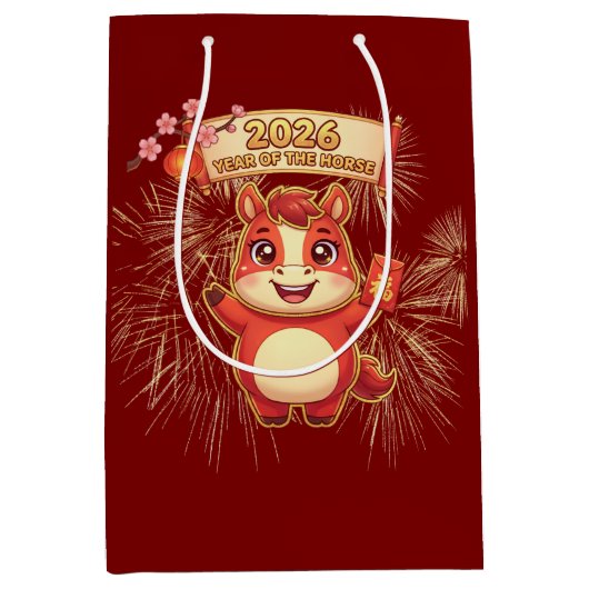 Cute Red Horse 2026 Year Of Te Horse ミディアムペーパーバッグ (正面)