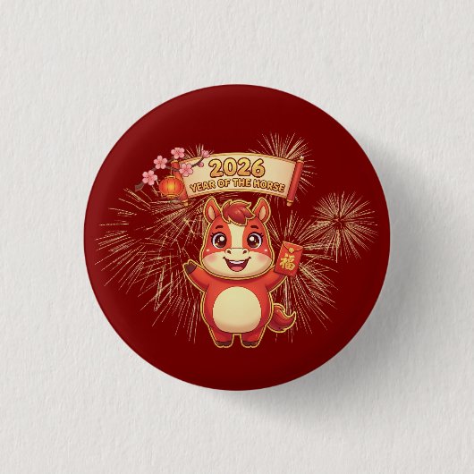 Cute Red Horse 2026 Year Of Te Horse 缶バッジ (正面)