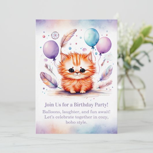 Cute Red Kitten Birthday Invitation Pastel Boho 招待状 (スタンド正面)