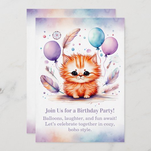 Cute Red Kitten Birthday Invitation Pastel Boho  招待状 (正面/裏面)