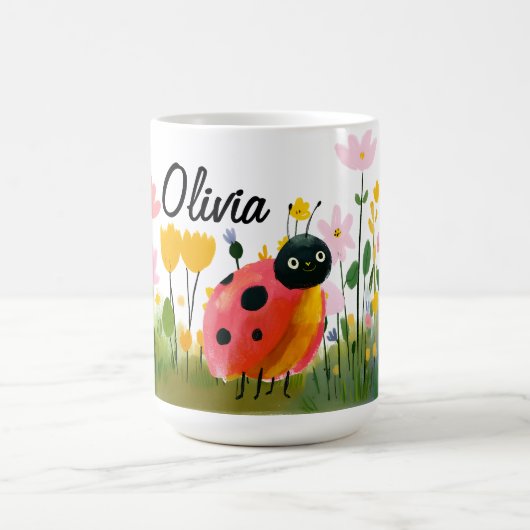 Cute Red Ladybug Girl's Name Wildflowers コーヒーマグカップ (中央)