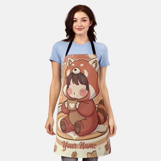 Cute Red Panda Coffee Kitchen Chef Apron エプロン (着用した状態)