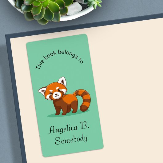 Cute Red Panda Green Bookplate ラベル