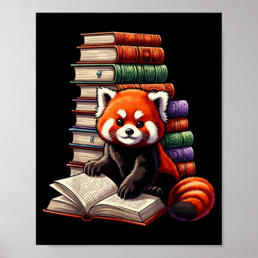Cute Red Panda Reading Book Animal Bookworm ポスター (正面)