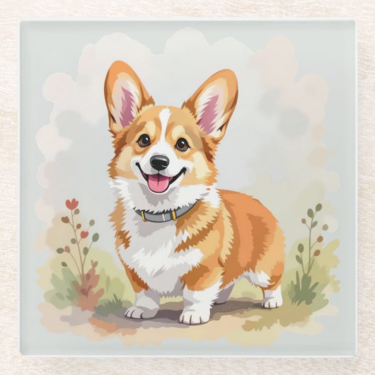 Cute Red Pembroke Welsh Corgi Dog ガラスコースター (正面)
