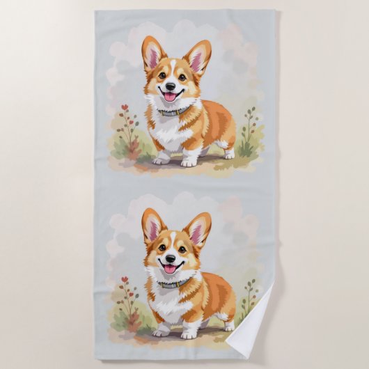 Cute Red Pembroke Welsh Corgi Dog ビーチタオル (正面)