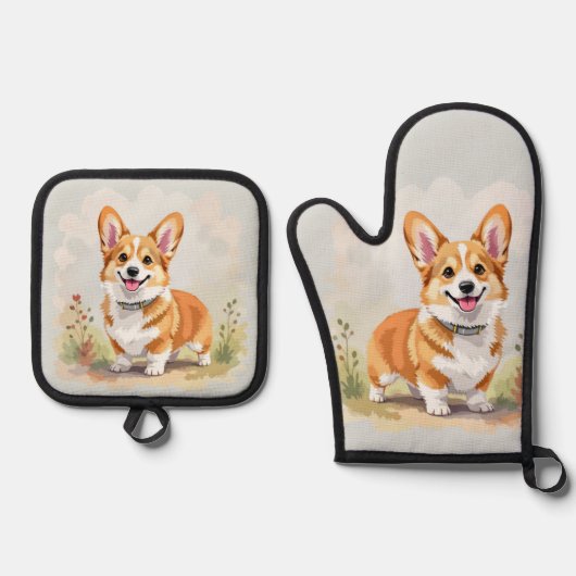 Cute Red Pembroke Welsh Corgi Dog 鍋つかみ&鍋敷きセット (正面)