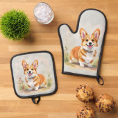 Cute Red Pembroke Welsh Corgi Dog 鍋つかみ&鍋敷きセット (トップダウン)
