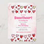 Cute Red Pink Hearths Valentine 1st Birthday  招待状 (正面/裏面)