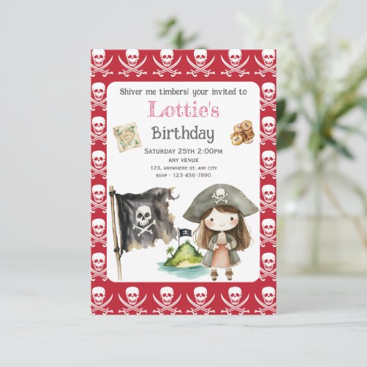 Cute Red Pirate child's Birthday Invitation セーブザデート (スタンド正面)