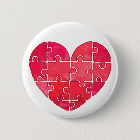 Cute red puzzle heart watercolor 缶バッジ (正面)