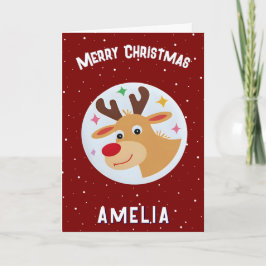 Cute Red Reindeer Kid`s Name Merry Christmas カード