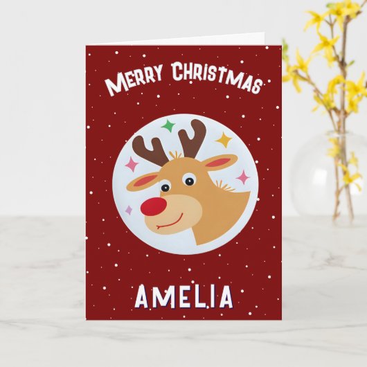 Cute Red Reindeer Kid`s Name Merry Christmas カード (黄色い花)