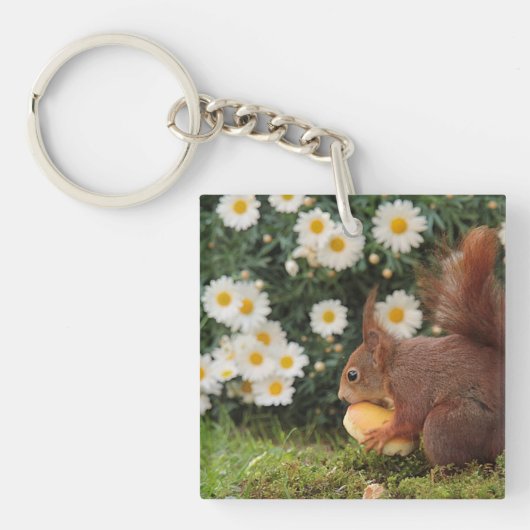 Cute Red Squirrel and Daisies キーホルダー (正面)