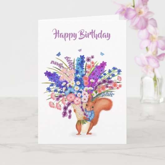 Cute red squirrel with flowers birthday card カード (蘭)