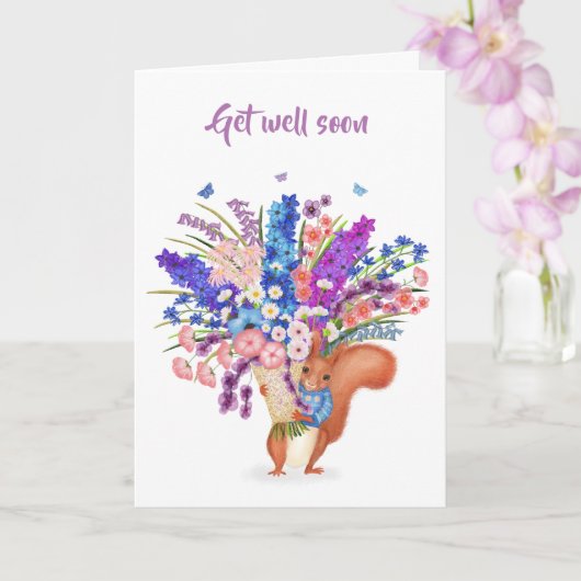 Cute red squirrel with flowers Get Well card カード (蘭)