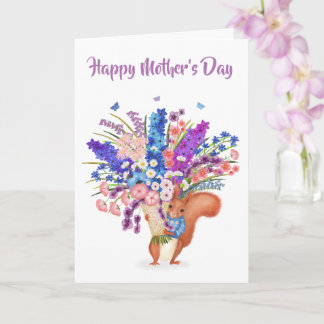 Cute red squirrel with flowers Mother's Day card カード