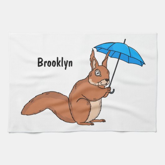 Cute red squirrel with umbrella cartoon  キッチンタオル (横)