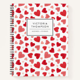 Cute Red Watercolor Patchwork Hearts Pattern ノートブック