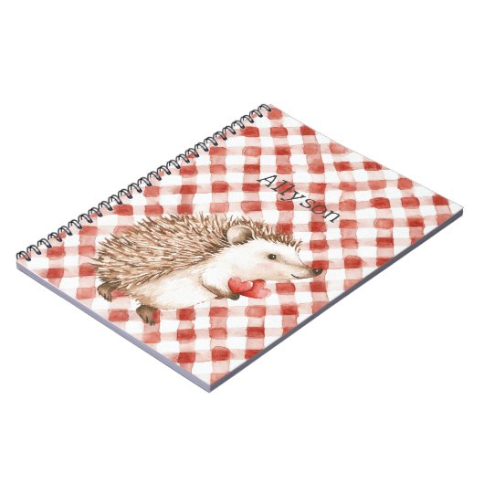 Cute Red White Plaid Stripes Hedgehogs ノートブック (左側)