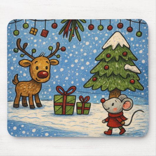 Cute Reindeer and Mouse Christmas Mousepad マウスパッド (正面)
