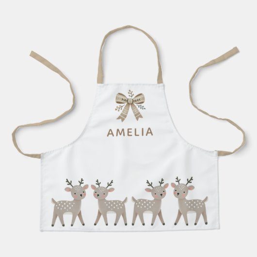 Cute Reindeer & Bow Drawing Christmas Name エプロン (正面)